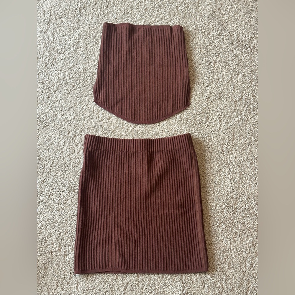 Brown Ribbed Corset Skirt Set